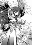  1girl armor artist_request breasts cleavage erza_scarlet fairy_tail large_breasts long_hair looking_at_viewer midriff monochrome navel serious solo source_request sword weapon 