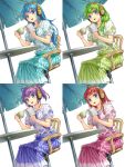  4girls :d ahoge beach_umbrella blouse blue_eyes blue_hair book bow chair cup floral_print green_hair hair_bow headphones highres hisho_collection komase_(jkp423) long_dress long_hair low_twintails multiple_girls open_book open_mouth purple_hair reading redhead sitting smile solo teacup twintails umbrella 