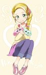  1girl blonde_hair blush braid futari_wa_precure futari_wa_precure_max_heart green_eyes hair_ornament highres kujou_hikari lulun porun precure side_braid sitting smile solo 