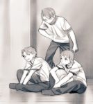  3boys emiya_shirou fate/stay_night fate_(series) glasses greyscale matou_shinji monochrome multiple_boys ryuudou_issei tam_(cuq) 