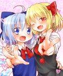  2girls ahoge arm_around_shoulder arm_around_waist ascot black_dress blue_dress blue_eyes blush bow cirno dress fang hair_bow hair_ribbon heart ice ice_wings long_hair looking_at_viewer multiple_girls namino. one_eye_closed open_mouth red_eyes ribbon rumia shirt smile touhou v very_long_hair wings 