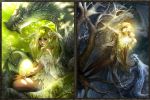  2girls bare_shoulders blonde_hair blue_eyes dragon egg elf fantasy green_hair horn long_hair multiple_girls nature nguy_thuy_ngan pointy_ears sharp_teeth sitting stitched tree wavy_hair 