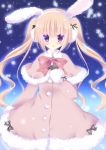  1girl animal_ears black_gloves brown_eyes coat earmuffs gloves light_brown_hair long_hair looking_at_viewer niki_(aroma_terrace) open_mouth original rabbit_ears snowflakes solo twintails 