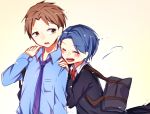  1boy 1girl :d bag blazer blue_hair blue_shirt blush brown_eyes brown_hair fukkura gekkan_shoujo_nozaki-kun gradient gradient_background hands_on_another&#039;s_shoulders happy hori_masayuki kashima_yuu necktie open_mouth school_bag school_uniform short_hair smile yellow_background 