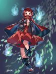  1girl blouse boots bow cape covered_mouth dated hair_bow hidden_mouth high_collar highres hitodama leaf long_sleeves looking_at_viewer namauni open_clothes open_shirt red_eyes redhead sekibanki shirt short_hair skirt solo touhou tunic 