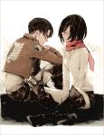  1boy 1girl anatidae black_hair boots coat collared_shirt crossed_legs elbows_on_knees hands_clasped indian_style knees_up levi_(shingeki_no_kyojin) looking_at_another mikasa_ackerman pants scarf shingeki_no_kyojin short_hair sitting sketch thigh_strap unbuttoned 