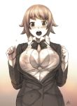  1girl blush bowtie bra breasts bursting_breasts cleavage formal gundam gundam_build_fighters gundam_build_fighters_try hoshino_fumina large_breasts looking_at_viewer monochrome open_clothes open_mouth open_shirt popped_button sepia short_hair solo tuxedo underwear yoshida_inuhito 