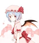  1girl ascot bat_wings blouse blue_hair blush bow brooch bust hat hat_bow jewelry looking_back mob_cap nekoze open_mouth profile red_eyes remilia_scarlet sash short_hair skirt skirt_set solo touhou wings 