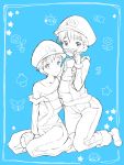  2boys absurdres blue_background blush cosplay facial_hair hat highres kneeling looking_at_viewer luigi luigi_(cosplay) male mario mario_(cosplay) monochrome multiple_boys mushroom mustache open_mouth original overalls rand_(artist) short_hair star strap_slip super_mario_bros. 