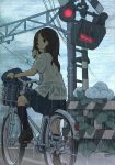  basket bicycle bra brown_eyes brown_hair clouds flower highres hydrangea knapsack pleated_skirt railroad_crossing railroad_signal railroad_tracks rain school_uniform shirt skirt tetsuro_ito transparent underwear wet wet_clothes white_shirt 