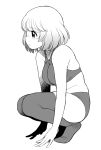  bare_shoulders breasts kouda_tomohiro large_breasts monochrome profile short_hair simple_background squatting thigh-highs tonari_no_seki-kun white_background 