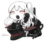  1girl abua aircraft_carrier_oni chibi gauntlets kantai_collection long_hair looking_at_viewer machinery open_mouth side_ponytail simple_background solo turret twitter_username white_background white_eyes white_hair white_skin 