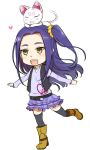  1girl animal_on_head belt black_legwear boots cat cat_on_head chibi female heart heart_necklace hummy_(suite_precure) kurokawa_eren long_hair minatsuki_randoseru precure purple_hair seiren_(suite_precure) side_ponytail simple_background suite_precure thigh-highs vest white_cat yellow_eyes zettai_ryouiki 