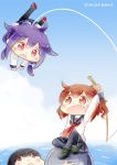  3girls :d ahoge black_hair brown_eyes brown_hair chibi fang fishing fishing_rod hatsuyuki_(kantai_collection) hinata_yuu holding ikazuchi_(kantai_collection) kantai_collection long_hair low_twintails multiple_girls open_mouth pantyhose pleated_skirt purple_hair red_eyes school_uniform serafuku short_hair sitting skirt smile taigei_(kantai_collection) twintails 