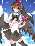  1girl :&lt; alternate_hair_length alternate_hairstyle bird_wings blouse blush bow breasts brown_hair collared_shirt commentary_request hammer_(sunset_beach) hat large_breasts long_hair looking_at_viewer miniskirt notebook pen ponytail red_eyes shameimaru_aya skirt solo thigh-highs tokin_hat touhou wings 