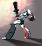  1boy arm_cannon decepticon gun kiwine laughing looking_back male megatron no_humans open_mouth robot shadow solo transformers trigger weapon 