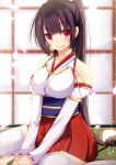  1girl black_hair bloodcatblack blush breasts detached_sleeves highres japanese_clothes large_breasts looking_at_viewer miko original ponytail red_eyes sitting smile solo tatami thigh-highs v_arms wariza zettai_ryouiki 