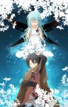  1boy 1girl absurdres aqua_eyes black_hair blue_hair cape character_request closed_eyes copyright_request dress flying highres long_hair nana_kusun one_eye_closed open_mouth smile white_dress wings 