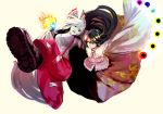  2girls arm_belt beige_background black_hair blouse boots bow breasts fire fujiwara_no_mokou grabbing hair_bow hair_ribbon hiragana_(gomasyabu) houraisan_kaguya large_breasts long_hair long_sleeves looking_at_another multiple_girls print_skirt red_eyes red_pants ribbon shirt shoe_soles silver_hair simple_background skirt sleeves_past_wrists smile sneer suspenders touhou tress_ribbon very_long_hair white_shirt 