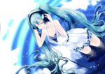  1girl aqua_hair closed_eyes dress hatsune_miku headphones highres long_hair poker-face-008 smile solo twintails very_long_hair vocaloid wading water 
