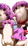  1girl :d from_below hairband highres komeiji_satori looking_at_viewer looking_down open_mouth pandain purple_hair riding short_hair simple_background sitting smile su----per_cute third_eye touhou violet_eyes white_background yukkuri_shiteitte_ne 