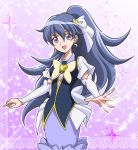  1girl arm_warmers bowtie brooch cure_tender dress hair_ornament hanzou happinesscharge_precure! heart_hair_ornament hikawa_maria jewelry long_hair magical_girl ponytail precure purple purple_background purple_dress purple_hair smile solo sparkle violet_eyes 