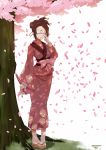  1girl adjusting_glasses artist_name bespectacled brown_hair clog_sandals closed_eyes dated fuu glasses hair_ornament hair_stick highres japanese_clothes kimono knife petals pigeon-toed samurai_champloo sheath sheathed short_hair solo standing stormcow toes tree wakizashi white_background 