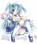  1girl ;d aqua_eyes blue_eyes breasts bursting_breasts cake cleavage detached_sleeves food knees_together_feet_apart kouta. large_breasts long_hair one_eye_closed open_mouth original panties pantyshot pink_panties plate sitting smile socks two_side_up underwear white_legwear wrist_cuffs 