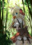  1girl animal_ears apple basket blonde_hair blue_eyes carrying cat_ears food from_behind fruit highres holding long_hair looking_at_viewer looking_back nana_kusun open_mouth original shade solo tree 