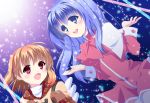  2girls backpack bag blue_eyes blue_hair brown_hair hairband kanon kurumi_rumi long_hair minase_nayuki mittens multiple_girls red_eyes school_uniform short_hair snow tsukimiya_ayu wings 