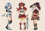  3girls ahoge alpha_(acerailgun) bare_shoulders belt blue_eyes blue_hair boots borrowed_character braid c-r-y-s capelet cecilia_(acerailgun) dress erica_(acerailgun) gloves hand_on_hilt hand_on_hip hand_on_own_chest hands_clasped hat heterochromia horns long_hair midriff multiple_girls navel original pink_eyes redhead robot_girl simple_background skirt sword thigh-highs thigh_boots twin_braids twintails weapon white_hair witch witch_hat yellow_eyes 