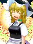  1girl :d ^_^ blush braid breasts closed_eyes collared_shirt colored_eyelashes dress happy hat kirisame_marisa okahi open_mouth single_braid smile solo touhou witch_hat 