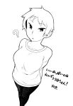  1girl ? arms_behind_back breasts large_breasts monochrome original short_hair solo sweater translation_request tsukudani_(coke-buta) tsurime tsurime-chan 