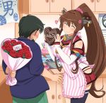  1boy 1girl apron artist_self-insert black_hair brown_hair chocolate closed_eyes flower ganesha heart kantai_collection long_hair ponytail rose shin&#039;en_(gyokuro_company) short_hair single_thighhigh thigh-highs valentine yamato_(kantai_collection) 