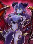  1girl astaroth_(shinrabanshou) black_sclera blue_skin breasts cowboy_shot demon_girl demon_horns demon_tail demon_wings earrings edobox hand_on_own_chest horns jewelry large_breasts long_hair looking_at_viewer navel pointy_ears purple_hair purple_legwear shinrabanshou smile solo tail thigh-highs wings yellow_eyes 