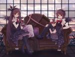  1girl blood blood_bag brown_hair couch cup gloves gothic_lolita lolita_fashion long_hair necktie pantyhose red_eyes rednian rion_flina short_hair shorts sion_flina solo sword_girls thigh-highs vampire wine_glass wings 