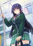  1girl bag blue_eyes blue_hair breasts buttons female frown hair_ribbon holding kiyama_satoshi large_breasts long_hair original plaid plaid_skirt ribbon school_bag school_uniform skirt solo standing train train_interior 