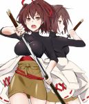  &gt;:o 2girls :o bodysuit breasts brown_eyes brown_hair brown_skirt cowboy_shot drawing_sword hakama_skirt hyuuga_(kantai_collection) ise_(kantai_collection) japanese_clothes katana multiple_girls note_(aoiro_clip) open_mouth ponytail short_hair simple_background skirt sword weapon white_background 