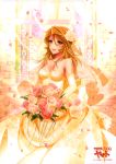  1girl :d absurdres artist_request bouquet breasts bridal_veil brown_eyes brown_hair cleavage dress elbow_gloves flower gloves hair_flower hair_ornament highres mori_yuki open_mouth rose smile uchuu_senkan_yamato uchuu_senkan_yamato_2199 veil wedding_dress white_gloves 