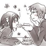  1boy 1girl cake cardigan closed_eyes feeding food kyon school_uniform serafuku short_hair suzumiya_haruhi suzumiya_haruhi_no_yuuutsu taiki_(6240taiki) 