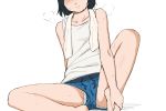  1girl black_hair open_mouth original panty_peek shibasaki_shouji shorts sitting spread_legs sweat tank_top towel towel_around_neck 