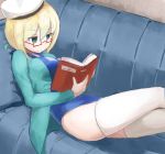  1girl blonde_hair blue_eyes couch crossed_legs glasses hat highres i-8_(kantai_collection) kantai_collection long_sleeves low_twintails okitsugu on_couch open_clothes reading red-framed_glasses sailor_hat school_swimsuit semi-rimless_glasses smile swimsuit swimsuit_under_clothes thigh-highs twintails under-rim_glasses white_legwear 