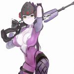  1girl black_hair bodysuit breasts center_opening cleavage gun jorin large_breasts long_hair looking_at_viewer overwatch ponytail rifle simple_background sniper_rifle solo very_long_hair weapon widowmaker_(overwatch) yellow_eyes 