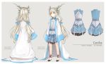  1girl artist_name borrowed_character cecilia_(acerailgun) character_name character_sheet coat dress full_body horns long_hair long_sleeves miss-ariellia original shoes simple_background solo twintails very_long_hair white_border white_hair wide_sleeves witch yellow_eyes 
