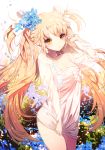  1girl blonde_hair bow breasts cleavage flower hair_flower hair_ornament long_hair looking_at_viewer original see-through short_twintails solo sorolp thighs twintails very_long_hair yellow_eyes 