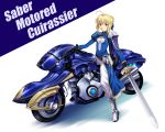  1girl adapted_costume ahoge aqua_eyes black_gloves blonde_hair capelet excalibur fate/stay_night fate_(series) faulds gloves greaves juliet_sleeves long_sleeves looking_at_viewer motor_vehicle motorcycle puffy_sleeves riding saber shian_(my_lonly_life.) short_hair solo spaulders vehicle 