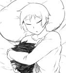 1boy 1girl between_breasts blush breast_smother breasts closed_eyes couple full-face_blush head_between_breasts hug large_breasts monochrome original pillow short_hair sleeping solo_focus sweater tsukudani_(coke-buta) tsurime-chan 