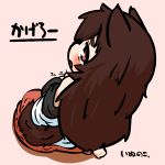  1girl animal_ears blush brown_eyes brown_hair chibi from_above imaizumi_kagerou inunoko. long_hair looking_at_viewer looking_up sitting solo tail touhou translation_request wolf_ears wolf_tail 