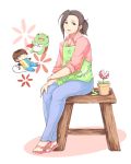  3boys animal_costume apron blue_eyes brown_eyes brown_hair chibi crown frog_costume hair_ornament hairclip idolmaster idolmaster_side-m multiple_boys pierre_(idolmaster) piranha_plant ponytail sandals shirt smile super_mario_bros. takajou_kyouji watanabe_minori 