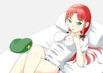  absurdres bottomless bow braid green_eyes hair_bow hat hat_removed headwear_removed highres hong_meiling long_hair lying on_back on_bed pillow redhead shirt tetsuo_(guppawon) touhou twin_braids white_shirt 